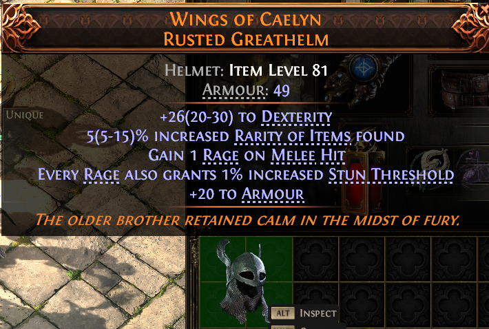 MMOJUGG Path of Exile 2 WINGS OF CAELYN RUSTED GREATHELM#937673 Details View of Item Function and Use